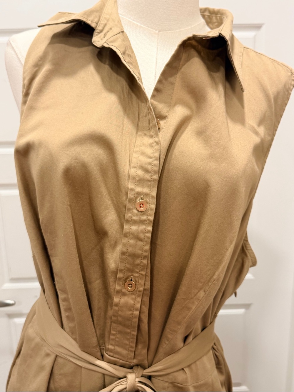 Talbots Sleeveless Safari Khaki Tan Midi Dress With with Tie Waist and Pockets - Picture 4 of 8